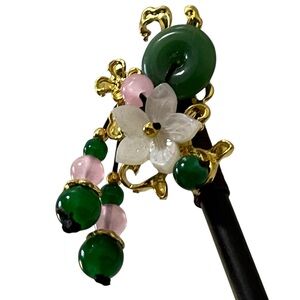 WHITE FLOWER WITH JADE GREEN & PINK GLASS ART HAIR PIN CHOPSTICK HAIR ACCESSORY